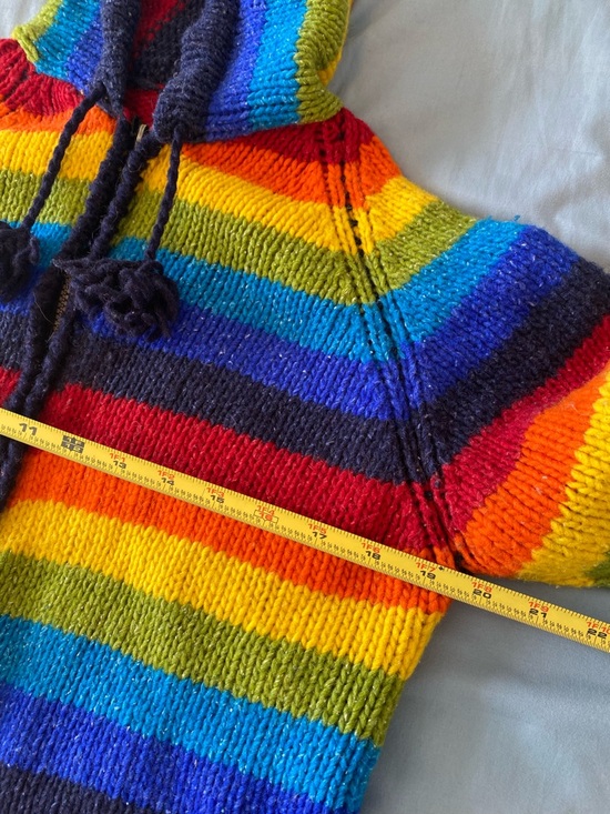 Handmade Knitted Rainbow Stripe Hooded Zip Cardigan Adult - see measurements - Picture 7 of 10
